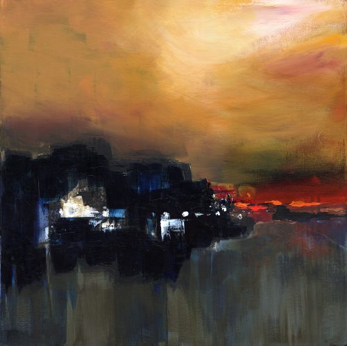 Opera d'arte contemporanea originale, Crepuscolo dorato, 50 x 50 cm, paesaggio astratto di Luc Andrieux