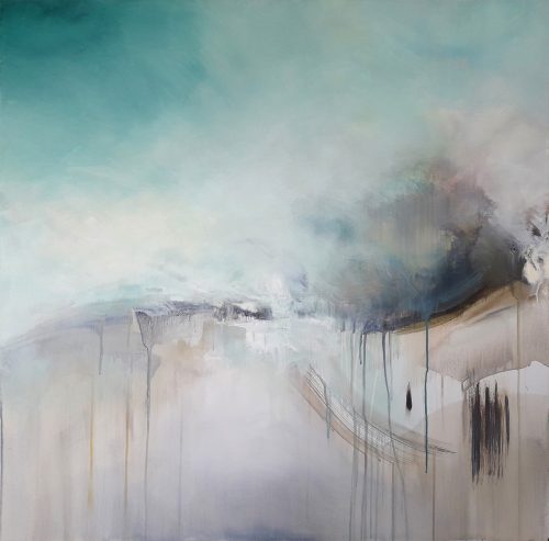 Opera d'arte contemporanea originale, Reminiscenza, 100 x 100 cm, paesaggio astratto di Luc Andrieux