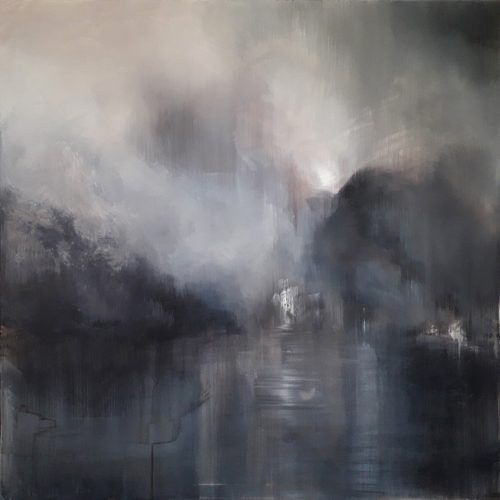 Opera d'arte contemporanea originale, Segreto, 100 x 100 cm, paesaggio astratto di Luc Andrieux