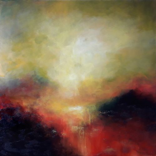 Opera d'arte contemporanea originale, Combustione, 100 x 100 cm, paesaggio astratto di Luc Andrieux