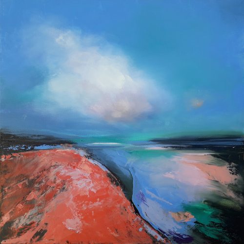 Obra de arte original contemporánea, Colina roja, 50 x 50 cm, paisaje abstracto por Luc Andrieux