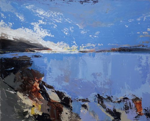 Opera d'arte contemporanea originale, Lago ancestrale, 50 x61 cm, paesaggio astratto di Luc Andrieux