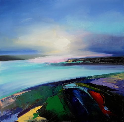 Obra de arte original contemporánea, Ribera azul, 50 x 50 cm, paisaje abstracto por Luc Andrieux