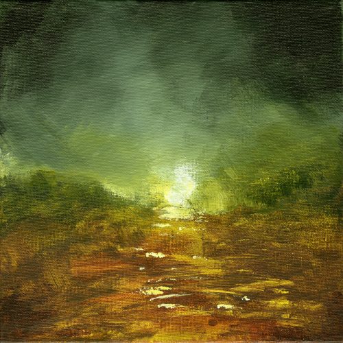 Opera d'arte contemporanea originale, Alchimia 28, 20 x 20 cm, paesaggio astratto di Luc Andrieux
